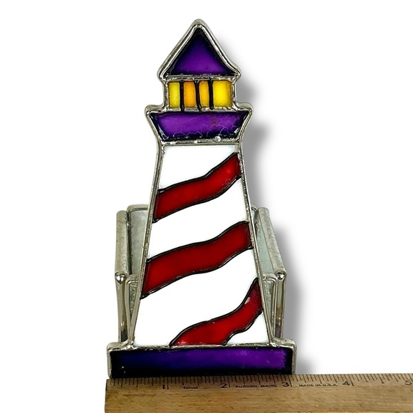 Stained Glass Lighthouse Candle Holder Glass Art Decor Purple Red Yellow 6” - Picture 10 of 16